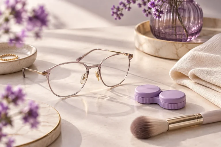 Editorial still life with glasses, a closed lavender contact lens case, a makeup brush and cream fabric