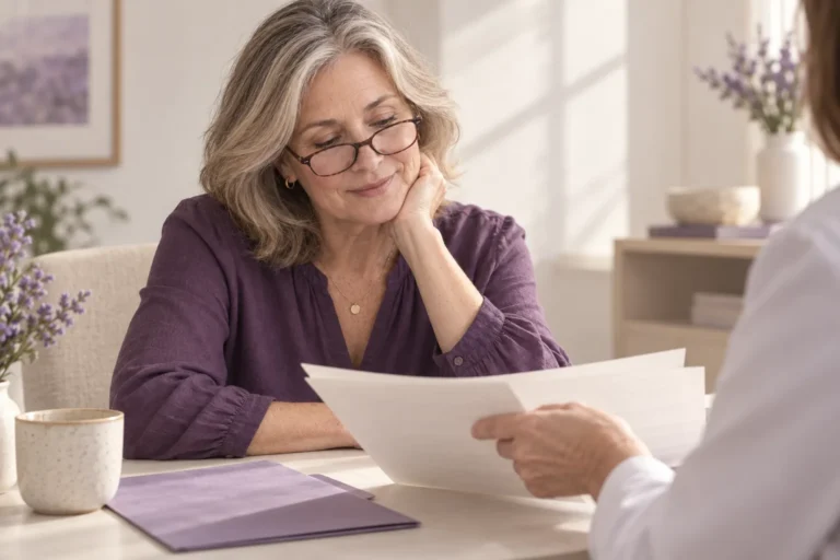 AI-generated illustrative consultation: a woman wearing glasses reviews documents with a clinician whose face is outside the frame.