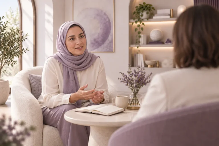 استشارة توضيحية مولّدة بالذكاء الاصطناعي: امرأة بحجاب بلون الخزامى تتحدث مع طبيب يُرى من الخلف؛ ليست صورة لعيادة فعلية.