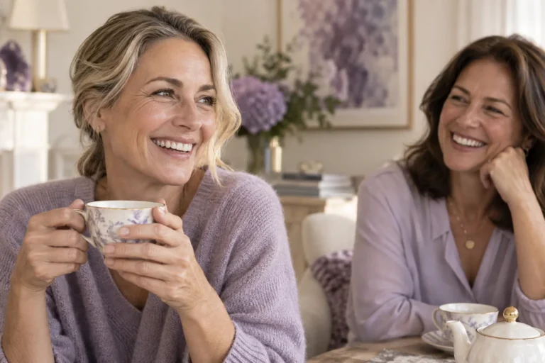 Two adults laughing together over tea with natural facial expressions; illustrative image generated with AI.