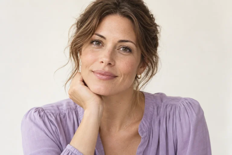 A woman in a lavender blouse with natural lips and a gentle smile; illustrative image generated with AI.