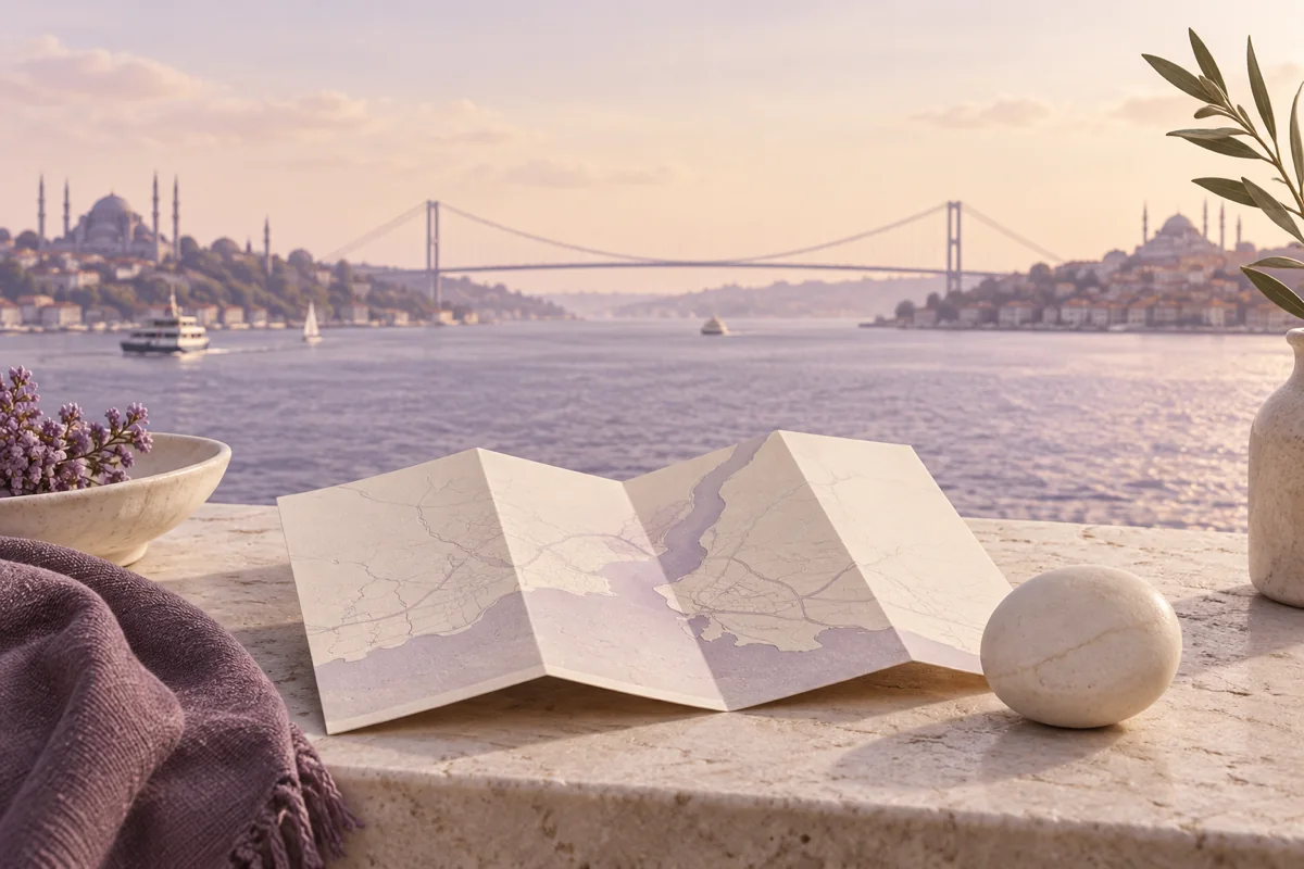 Temsilî görsel: Harita benzeri boş kâğıt önünde İstanbul esintili kıyı ve köprü.